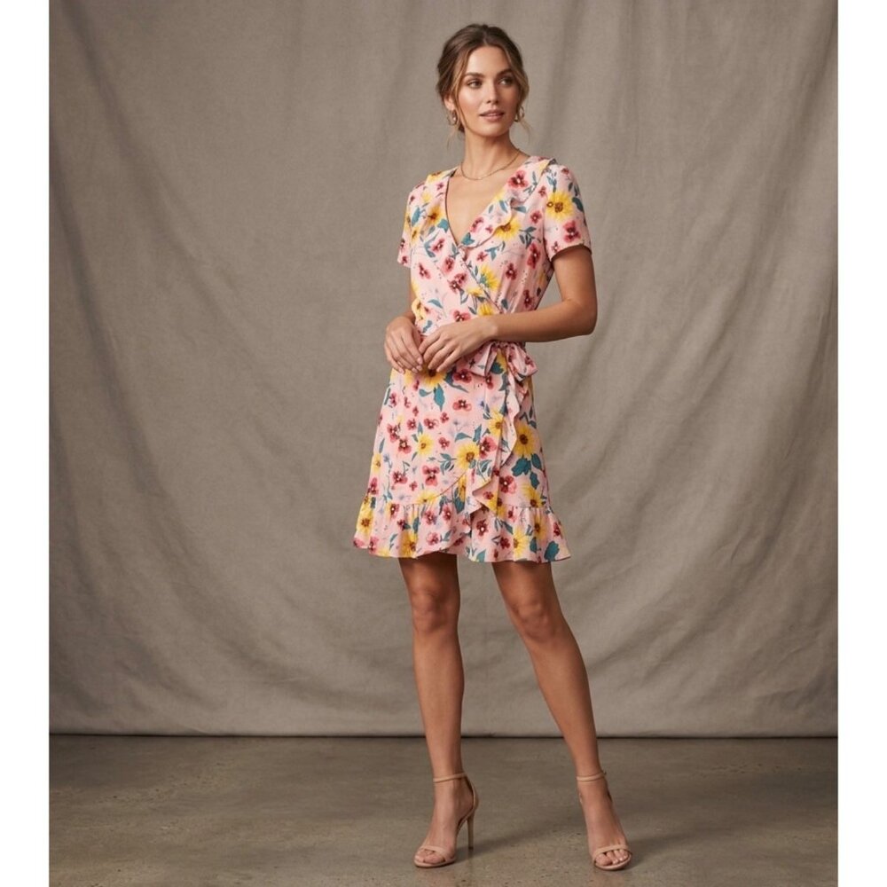 Lauren Conrad Floral Wrap Dress size L With Ruffle Hem & Short Sleeves Pink-Yell